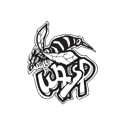 Wasp graffiti decal in black and white, stylized wings and bold lettered design
