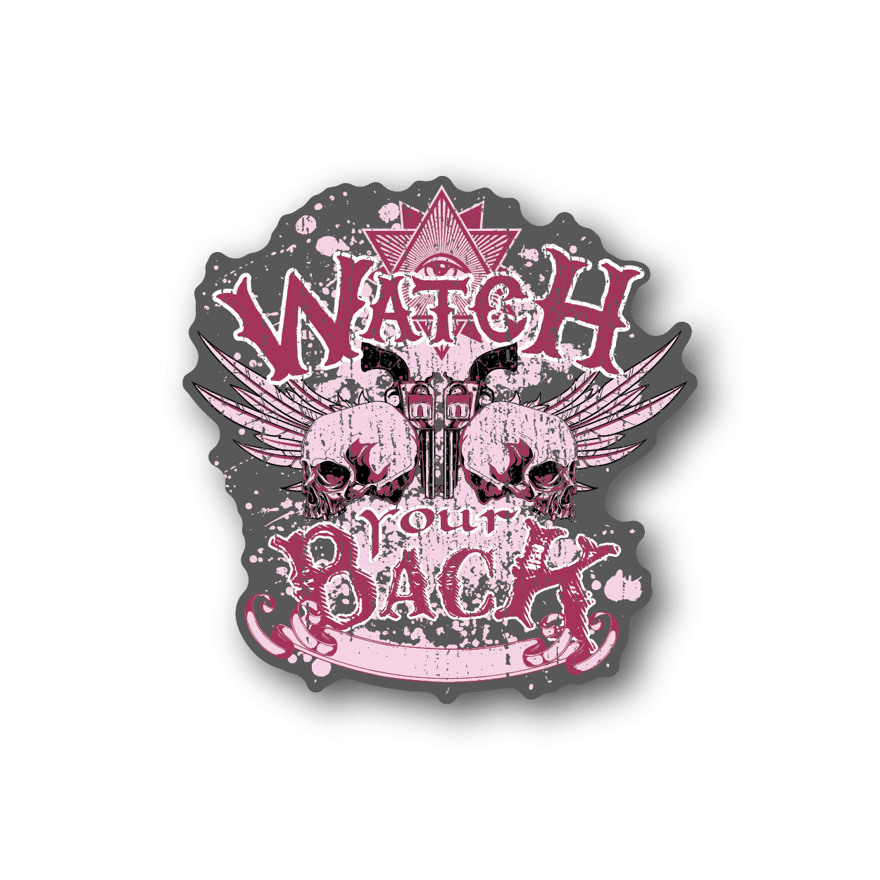 Vinyl sticker with pink skulls, winged design, and “Watch your back” text