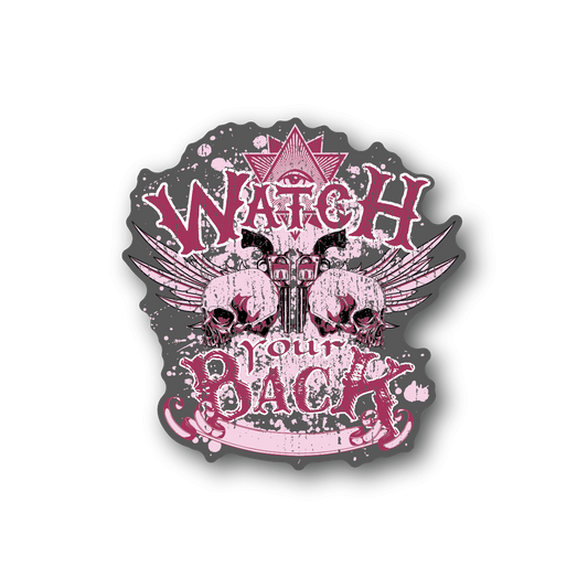 Vinyl sticker with pink skulls, winged design, and “Watch your back” text