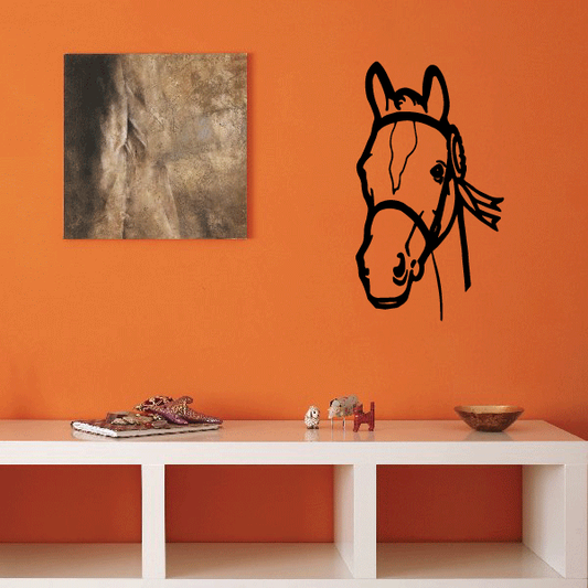 Watching bridle horse decal with black outline and tan head, facing left