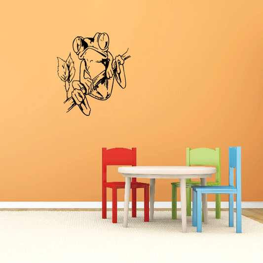 Watching tree frog on branch wall decal, detailed line art style