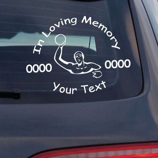 Water polo memorial decal with swimmer silhouette and "In Loving Memory" and "Your Text"