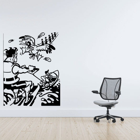 Water skier and bird splash wall decal, black and white silhouette with motion lines