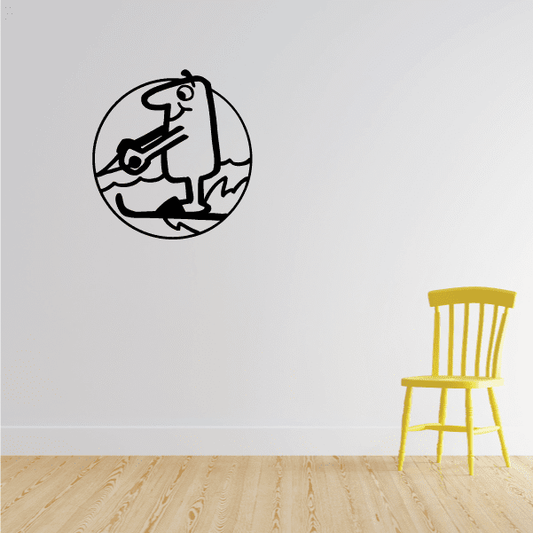 Water skiing cartoon decal, circular black line drawing of skier on waves