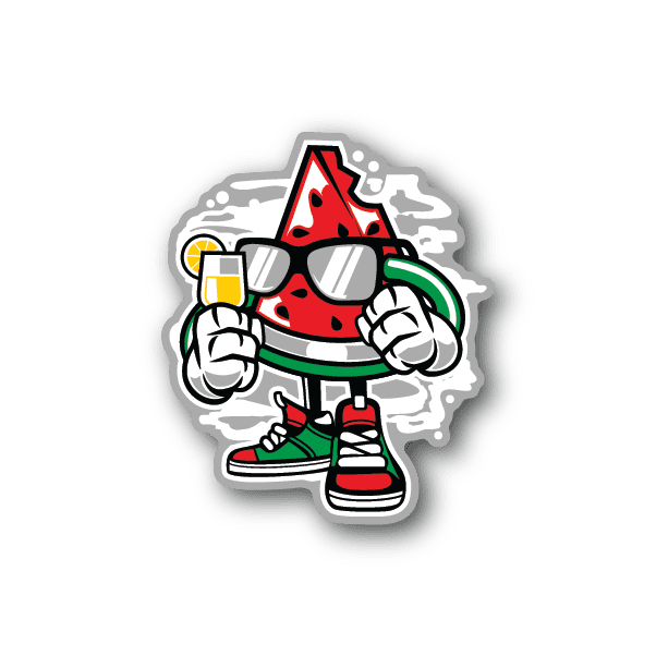 Watermelon character vinyl sticker with sunglasses, headphones, and drink