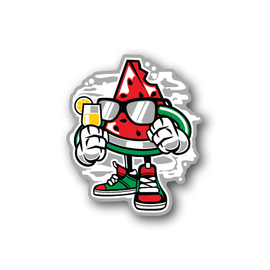 Watermelon character vinyl sticker with sunglasses, headphones, and drink