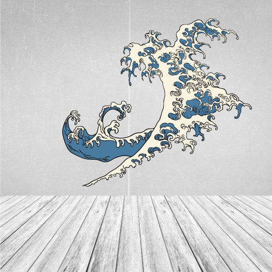 Adhesive wall art depicting an Japanese print-block-style ocean wave