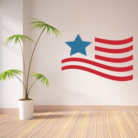 Die-cut decal of waving American flag with blue star and red stripes