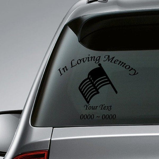 Memorial car window decal with waving American flag icon and In Loving Memory text