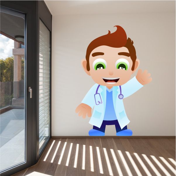 Waving doctor sticker with cartoon medic in blue scrubs and stethoscope