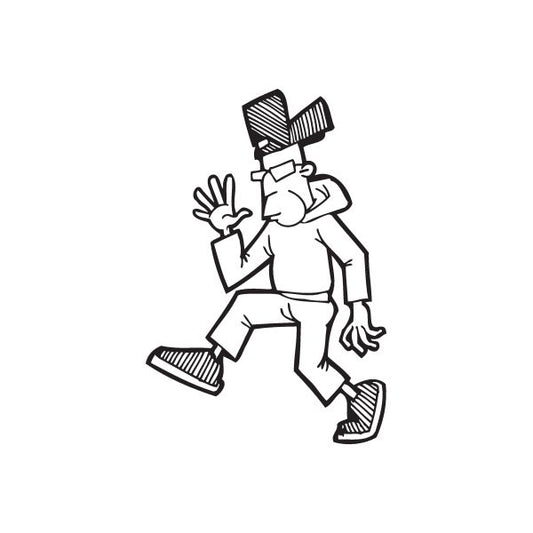 Waving homeboy decal, black line art of a standing figure waving