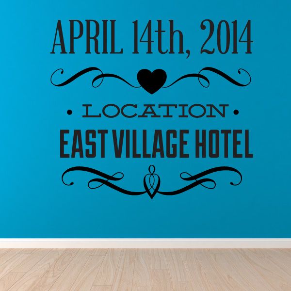Vinyl wedding address wall decal with date, location text, hearts, and scroll accents