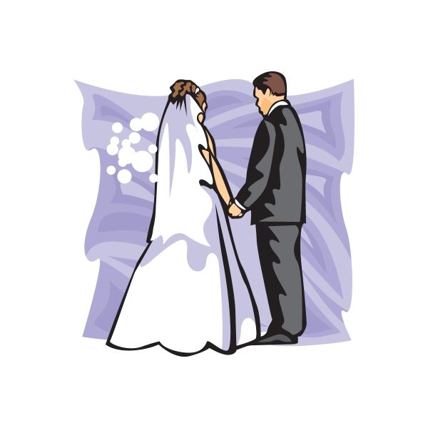 Wedding couple holding hands sticker, bride in white dress and groom in dark suit