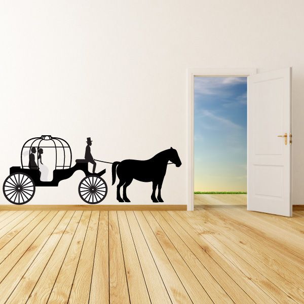 Black wedding carriage and horse wall decal, silhouette couple in carriage