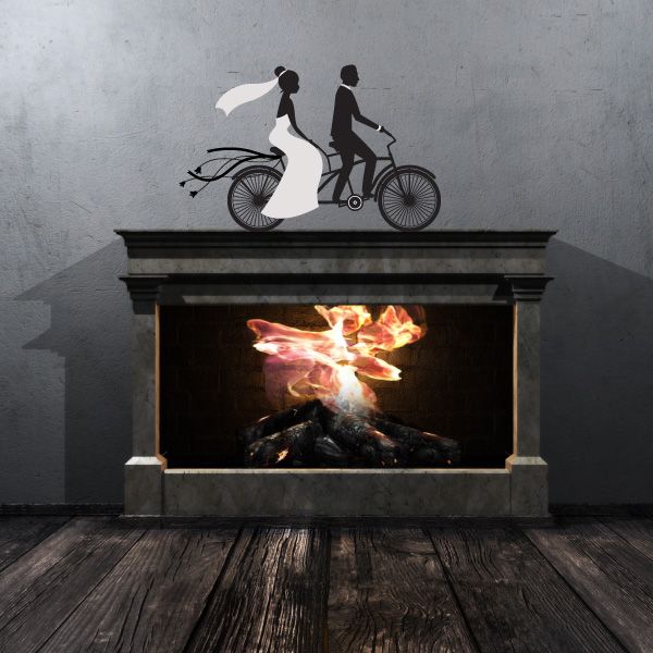 Wedding couple on bicycle vinyl wall decal, bride in white dress and groom black silhouette