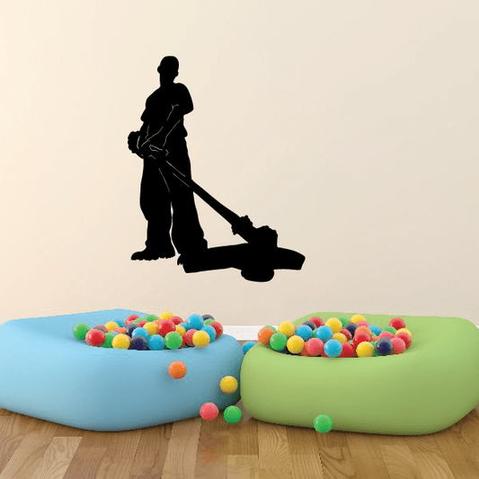 Lawn weed wacking silhouette decal of person holding string trimmer