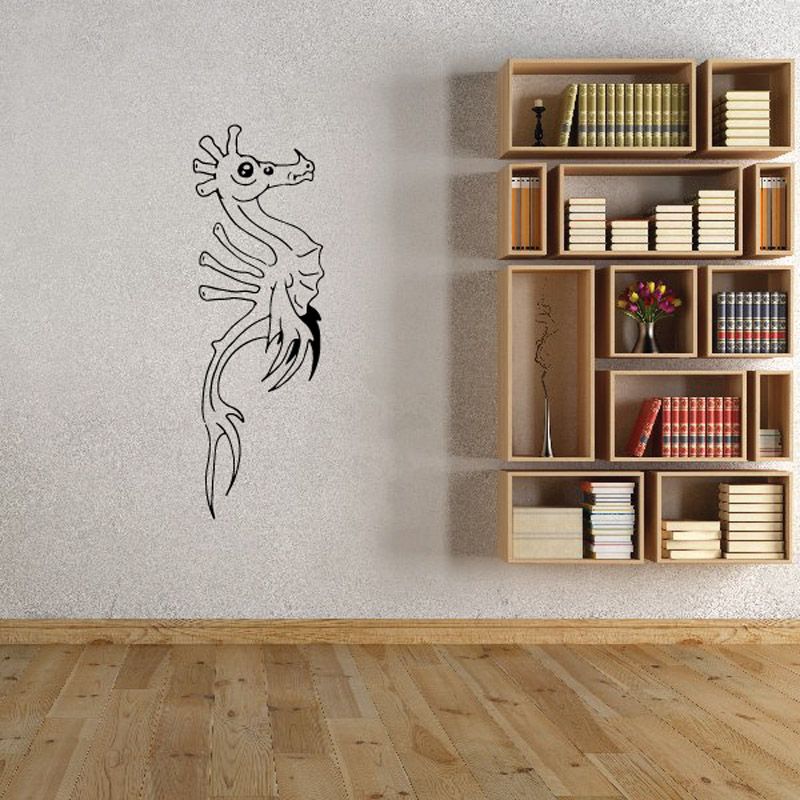 Black line-art sea dragon seahorse wall decal with curled tail and fins