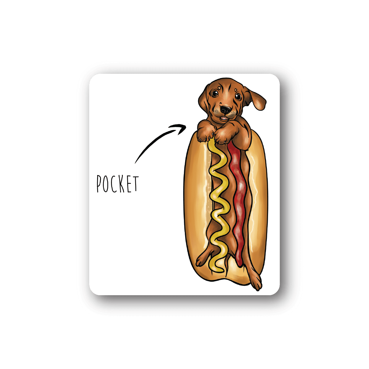 Weiner dog vinyl sticker showing a brown dachshund holding a red hot-dog shaped treat