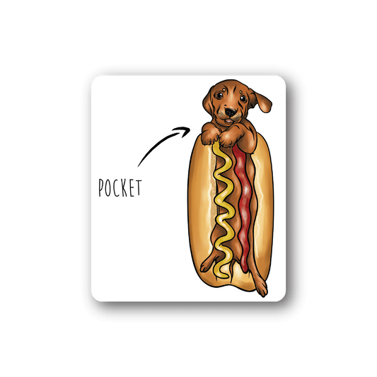 Weiner dog vinyl sticker showing a brown dachshund holding a red hot-dog shaped treat