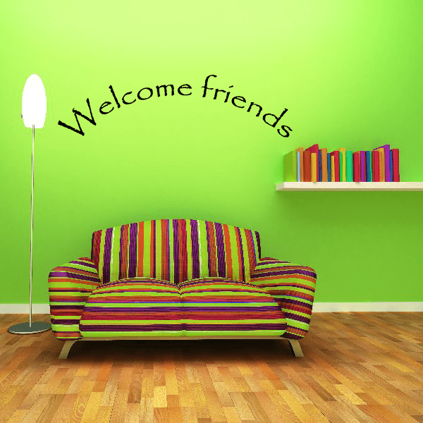 Arched wall decal reading 'Welcome friends' in black