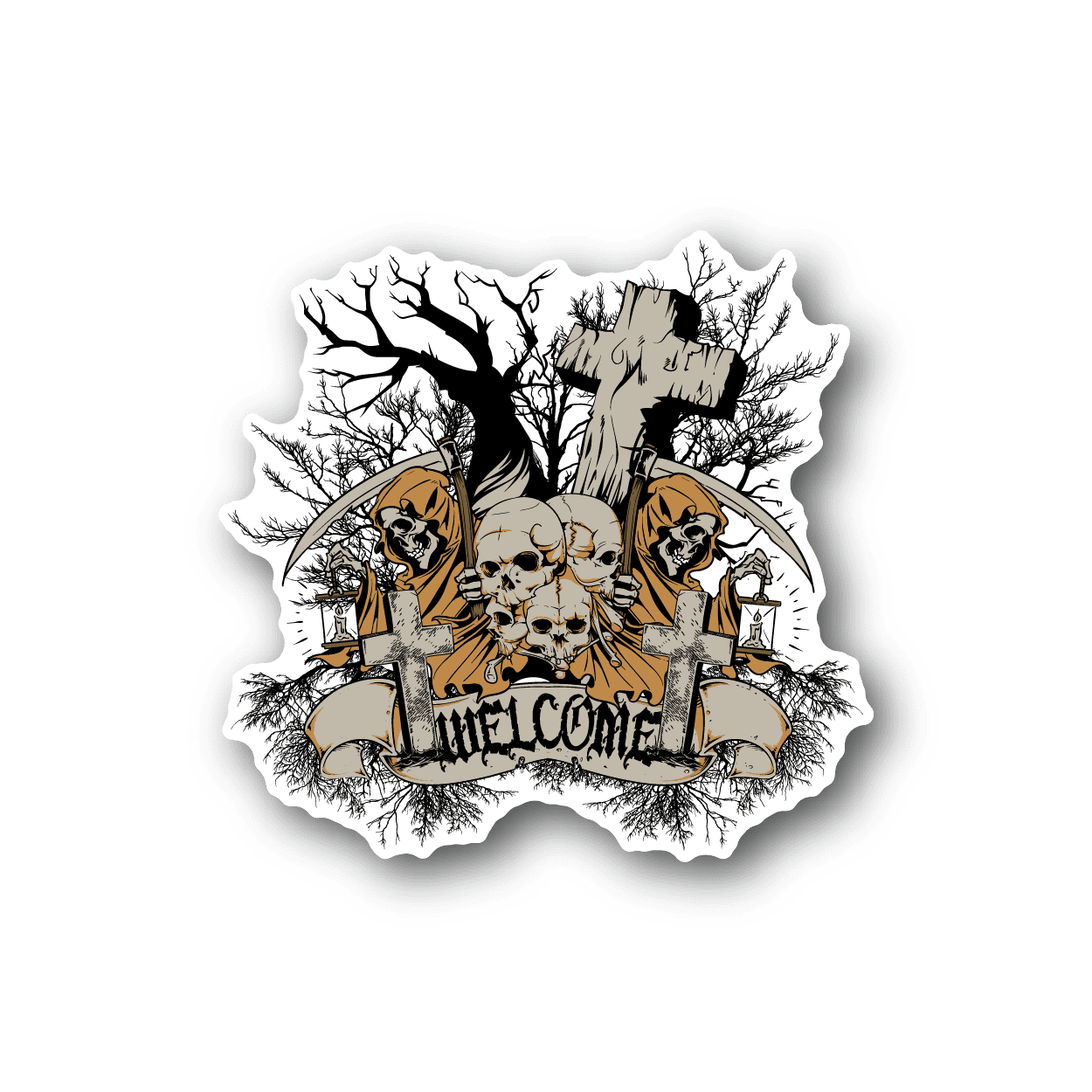 Cemetery vinyl sticker with illustrated skulls, tombstones, and tree branches in black and cream