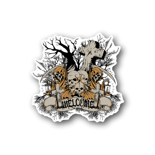 Cemetery vinyl sticker with illustrated skulls, tombstones, and tree branches in black and cream