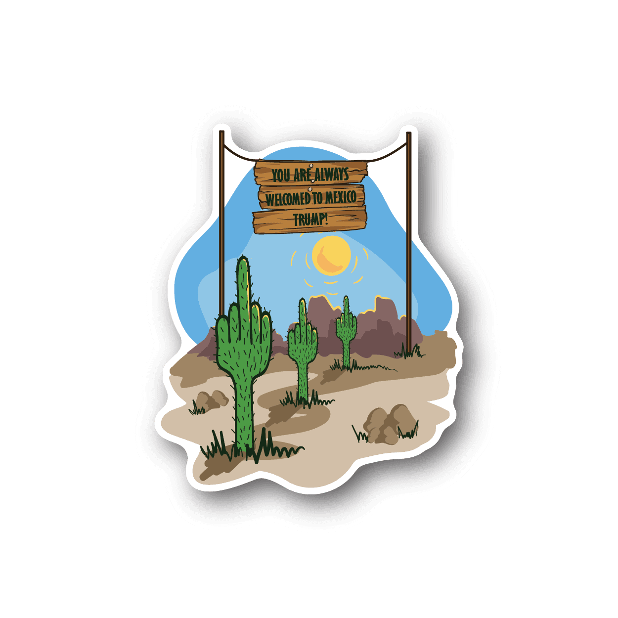Vinyl sticker with desert cacti, sun, and Welcome to Mexico text