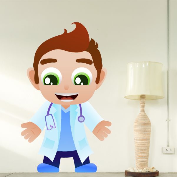 Doctor welcome sticker with smiling cartoon doctor, stethoscope, green eyes, blue coat