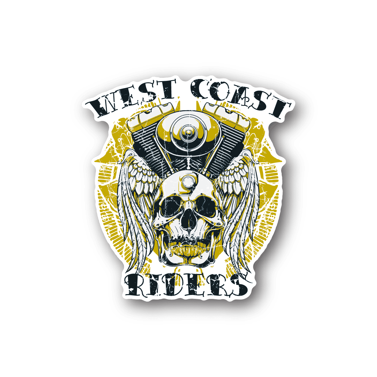 Motorcycle vinyl sticker with skull and motorcycle engine, yellow wings, black outline