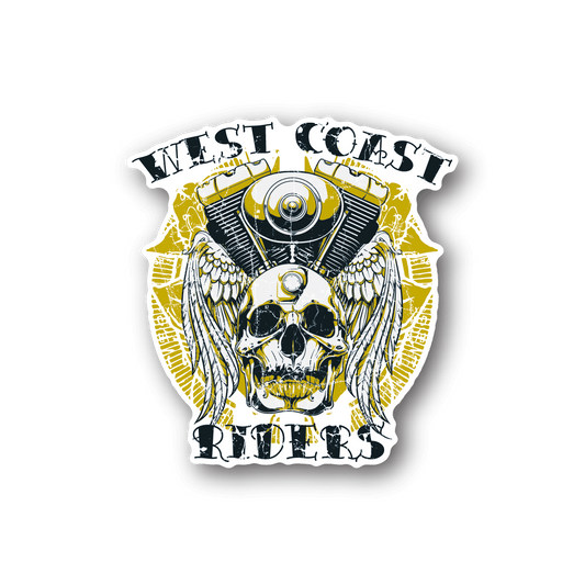 Motorcycle vinyl sticker with skull and motorcycle engine, yellow wings, black outline