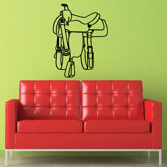 Western horse saddle decal featuring a standing cowboy on a saddle horse
