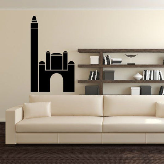 Black city skyline wall decal with domed tower and arches