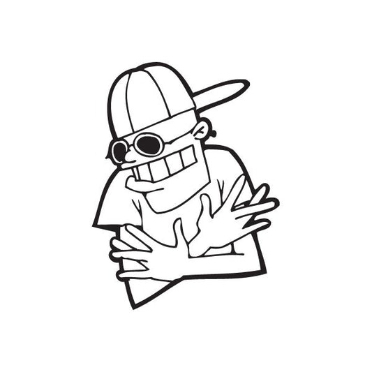 Westside decal, black outline cartoon character wearing cap and visor, arms crossed