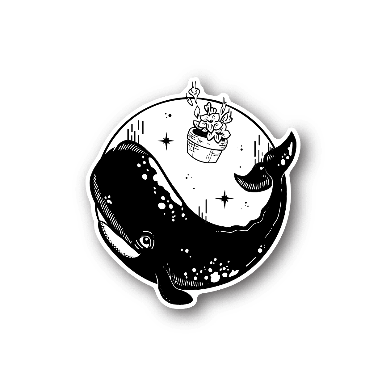 Whale space vinyl sticker, black and white illustration with stars and falling whale