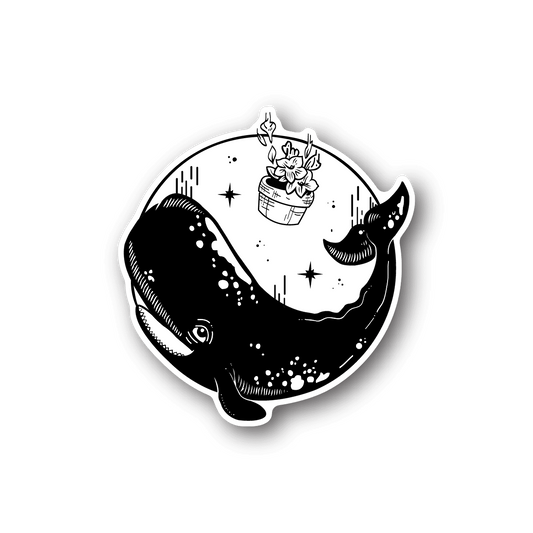 Whale space vinyl sticker, black and white illustration with stars and falling whale