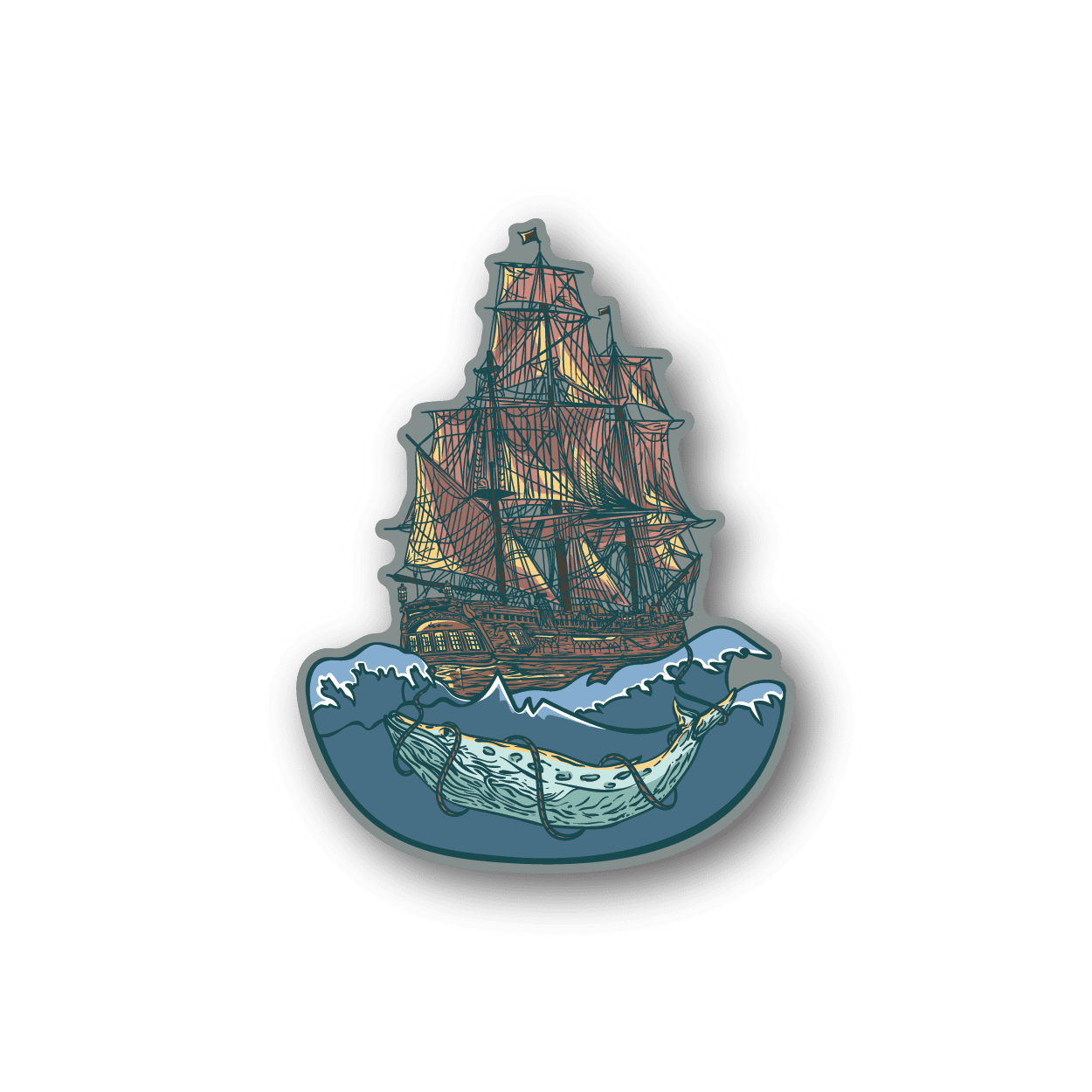 Pirate ship and whale vinyl sticker, multicolor ship with teal ocean waves