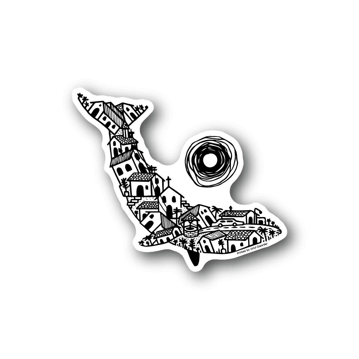 Whale town vinyl sticker with black-and-white illustrated whale shape and town details