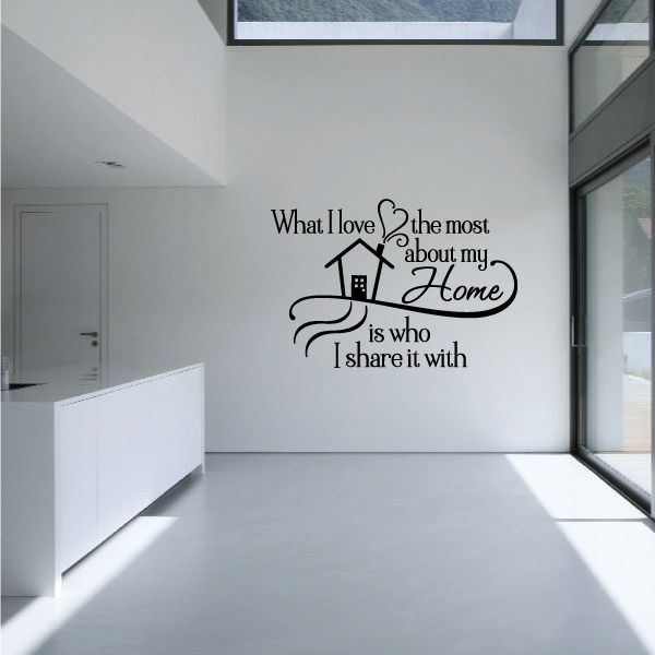 Home wall decal with house icon and quote: 'What I love the most about my home'