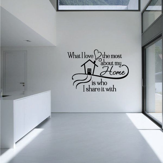 Home wall decal with house icon and quote: 'What I love the most about my home'