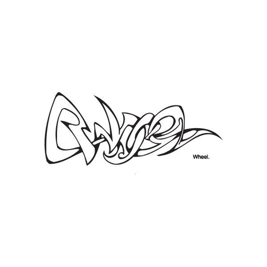 Graffiti wheel decal sticker, black line art with layered script and motion marks