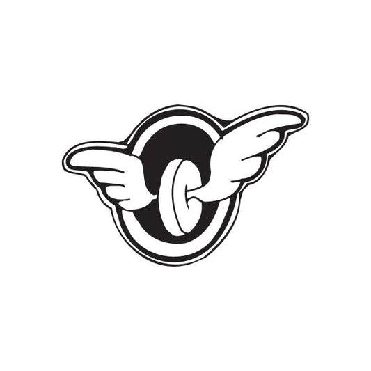 Wheel-with-wings graffiti decal, black and white circular wheel with wing outlines