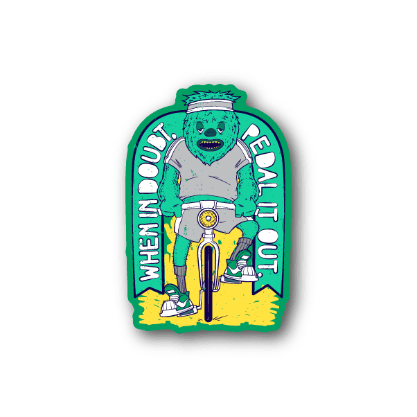 Rounded bicycle vinyl sticker showing teal rider on bike with white and yellow text
