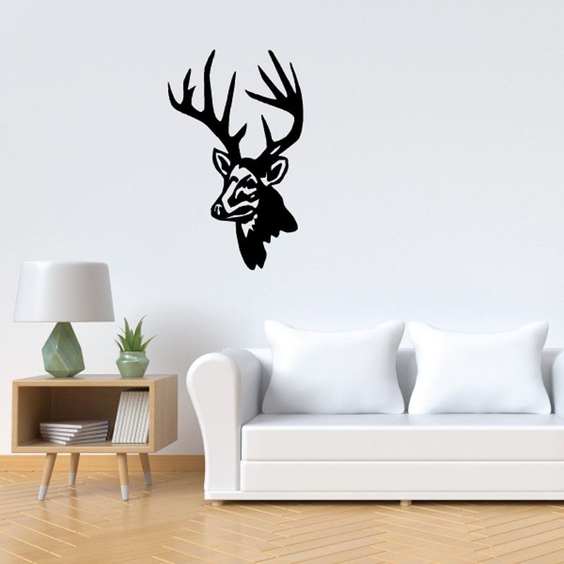 Deer head wall decal with antlers, black silhouette on light background