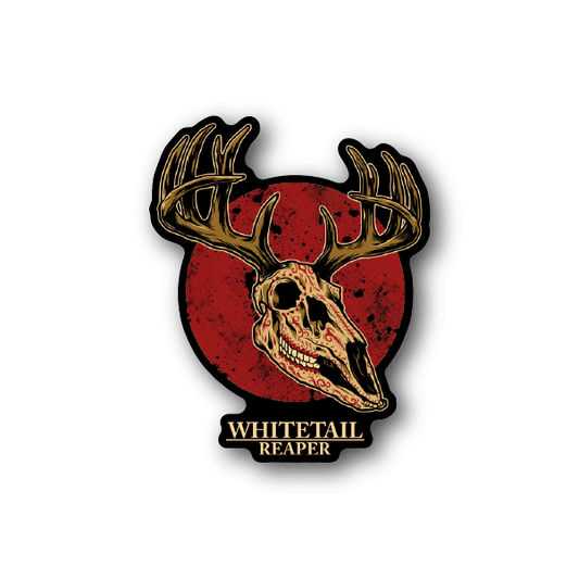 Vinyl sticker with skull deer head, antlers, red circle, and text “WHITETAIL REAPER”