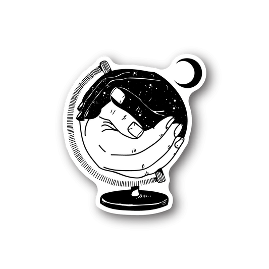 Vinyl sticker with monochrome hands holding globe illustration