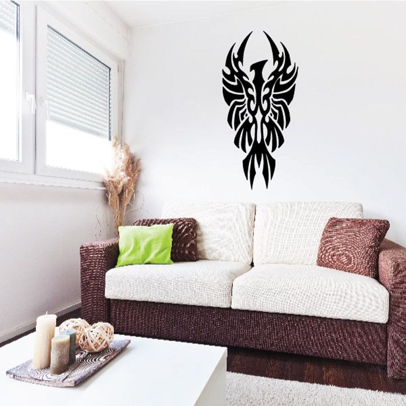 Black flame-eagle vinyl wall decal with tribal wings and spiky head design