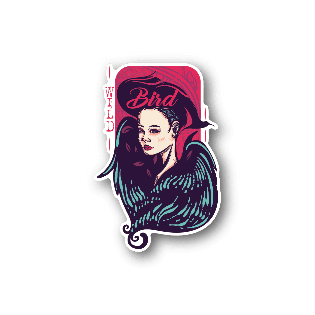Vinyl sticker of illustrated bird lady with purple hair and teal bird wings