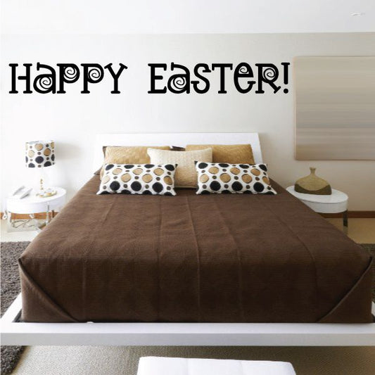 Happy Easter decal with bold black-and-white lettering on a light wall