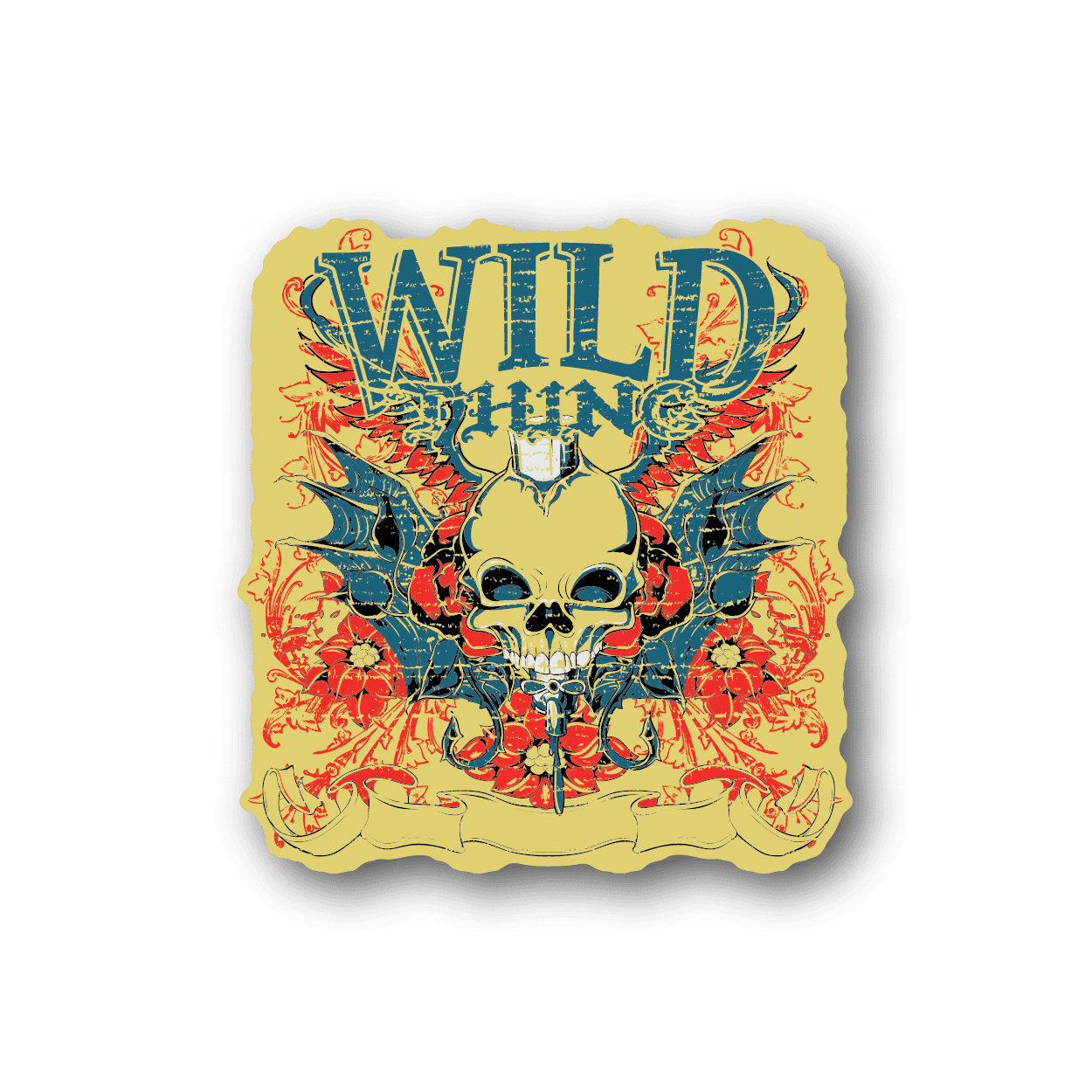 Square vinyl sticker with colorful skull and ornate winged design