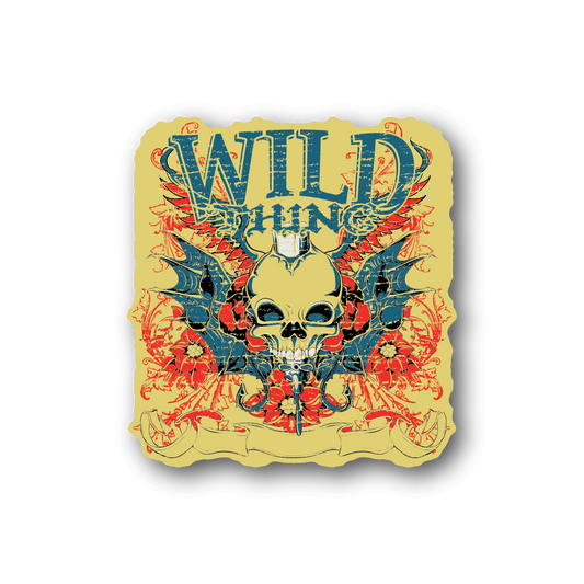 Square vinyl sticker with colorful skull and ornate winged design